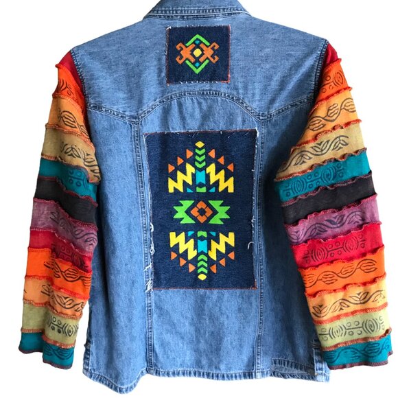 Upcycled Denim Jacket, Size M: Hand-Painted Aztec Patches, Colorful Sleeves - Picture 1 of 12